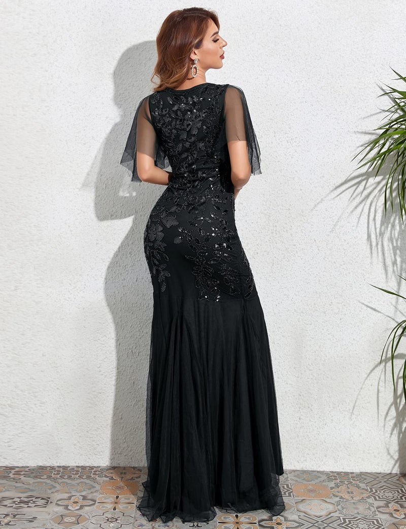PrettyGuide Women's Evening Dress 1920s Sequin Deco Mermaid Hem Maxi Long Ball Gown Black S - Image 4